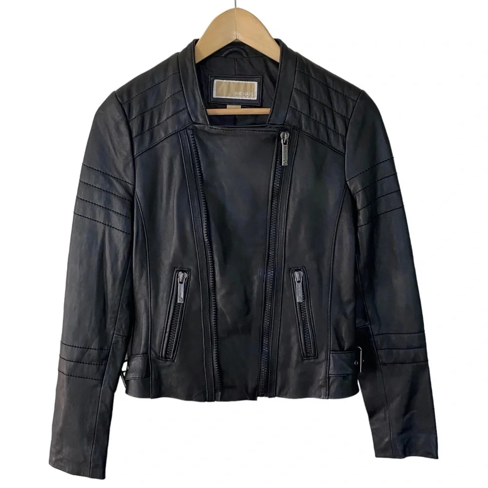 Michael Kors Womens Moto Leather Jacket Black Size Small NWD